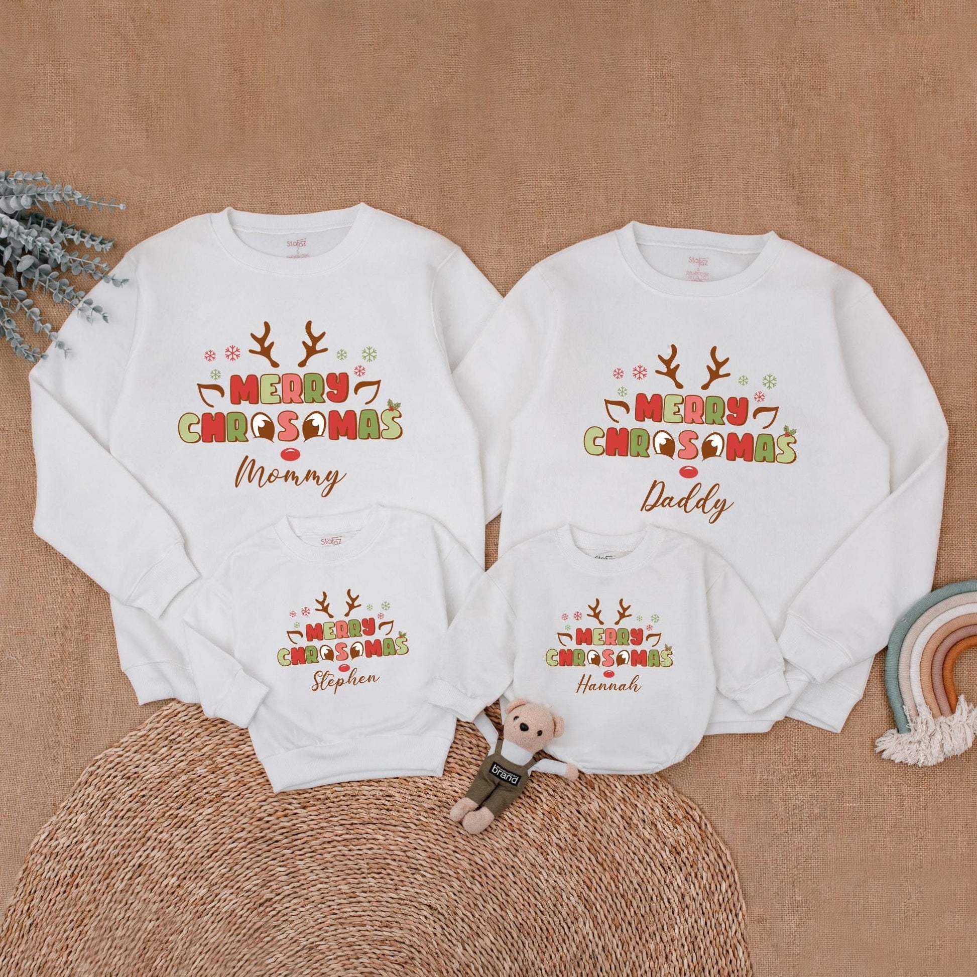 Personalized Merry Christmas Reindeer Family Matching Sweatshirts, Whimsical Mommy and Me Holiday Outfits with Playful Antlers and Snowflakes