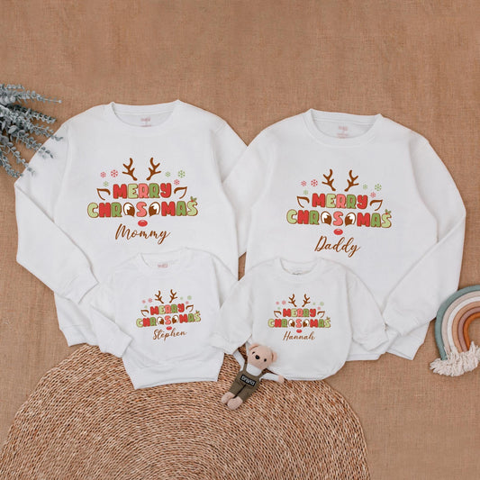 Personalized Merry Christmas Reindeer Family Matching Sweatshirts, Whimsical Mommy and Me Holiday Outfits with Playful Antlers and Snowflakes