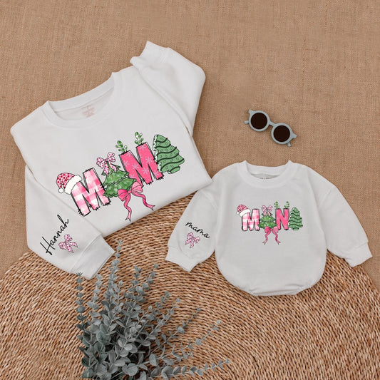 Personalized Mommy and Me Christmas Sweatshirt, Festive Mama Mini Letters, Pink Bows, Santa Hat, Tree and Snowflake Plaid, Cozy Baby Girl Holiday Gift
