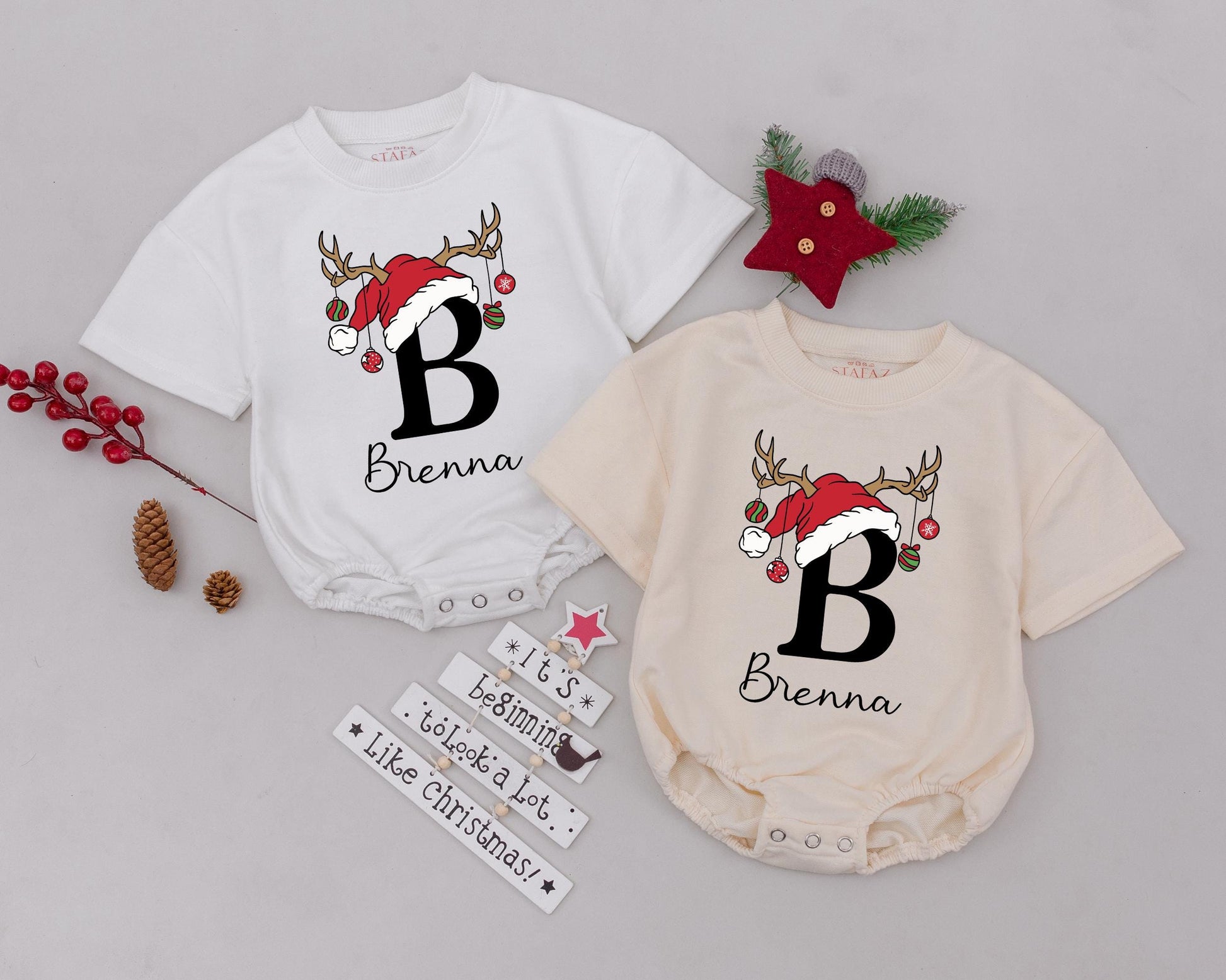 Personalized Baby's First Christmas Romper with Name Santa Hat Reindeer Antlers Ornament Design Holiday Infant Bodysuit Toddler Outfit
