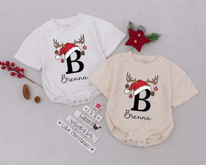 Personalized Baby's First Christmas Romper with Name Santa Hat Reindeer Antlers Ornament Design Holiday Infant Bodysuit Toddler Outfit