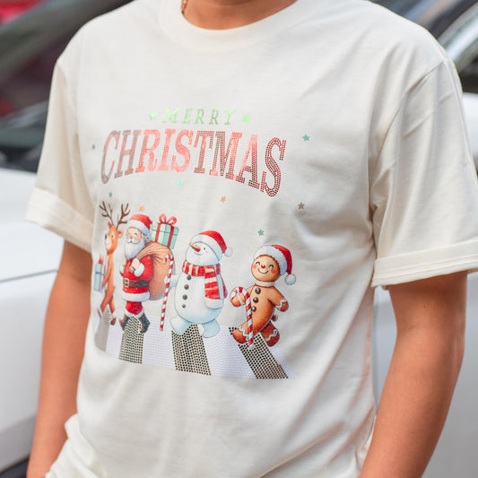Glitter Sparkly Merry Christmas Shirt Funny Cartoon Characters Abbey Road Style Zebra Crossing Bling Tee Retro Holiday Gift