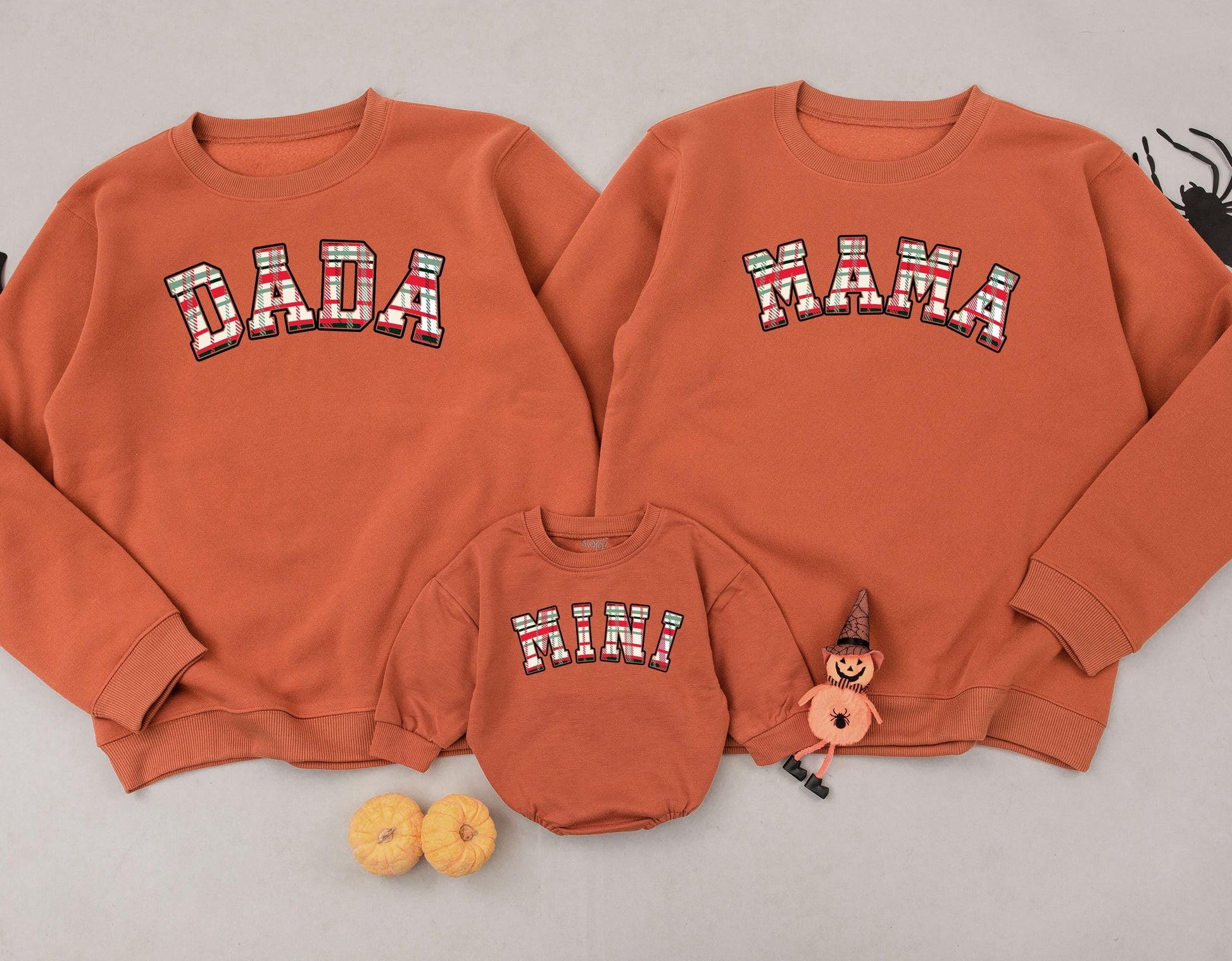 Matching Mama Dada Mini Christmas Plaid Family Sweatshirt Set featuring festive red green tartan lettering for new Mom Dad and Baby's cute holiday outfits.