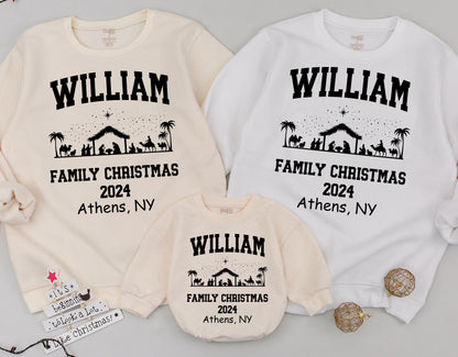 Personalized Matching Family Christmas Sweatshirts Vintage Nativity Scene Athens NY 2024 Custom Name Toddler Holiday Crewneck Tops