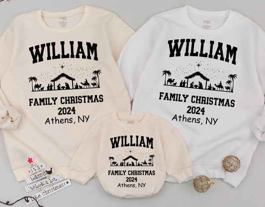 Personalized Matching Family Christmas Sweatshirts Vintage Nativity Scene Athens NY 2024 Custom Name Toddler Holiday Crewneck Tops