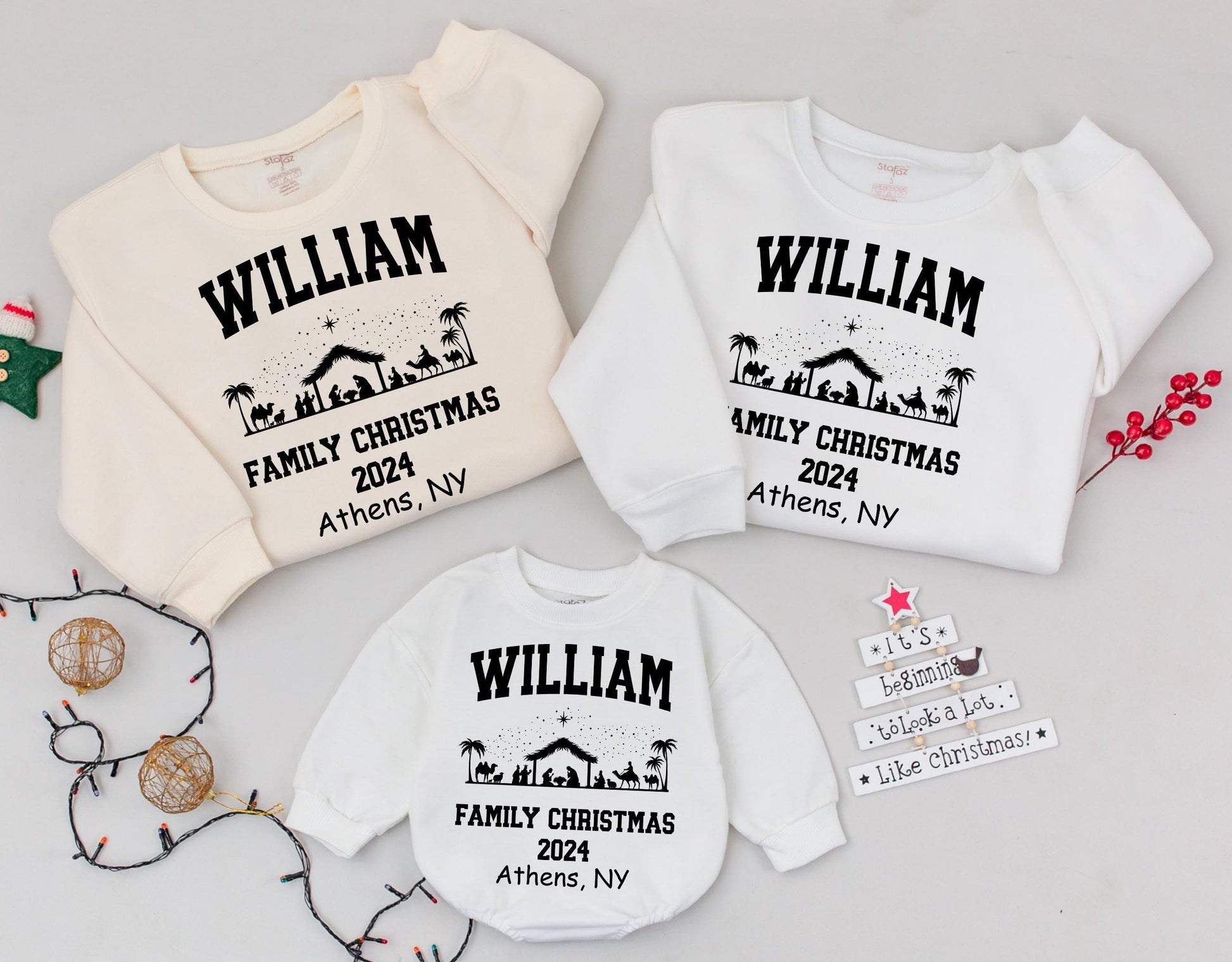 Personalized Matching Family Christmas Sweatshirts Vintage Nativity Scene Athens NY 2024 Custom Name Toddler Holiday Crewneck Tops