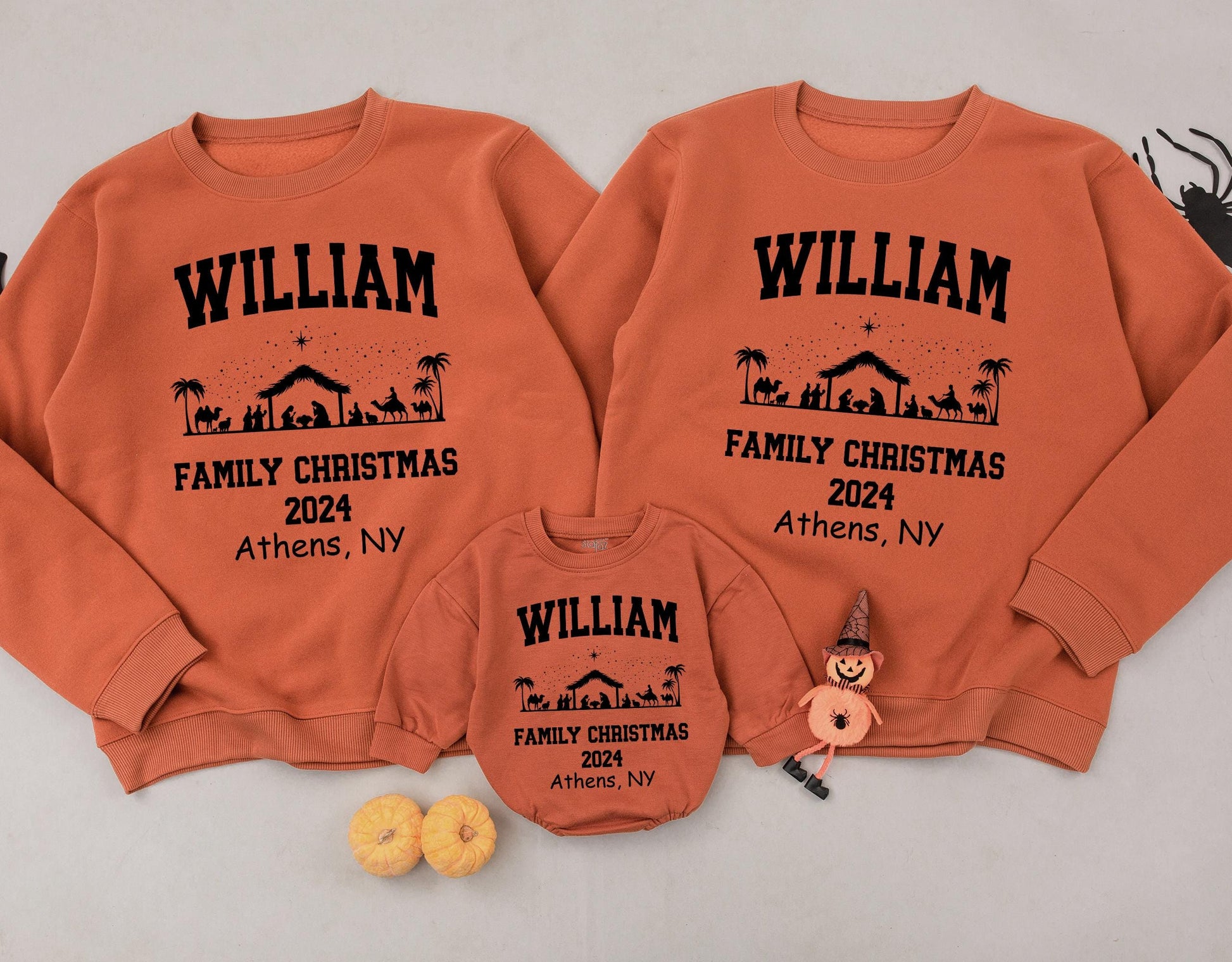 Personalized Matching Family Christmas Sweatshirts Vintage Nativity Scene Athens NY 2024 Custom Name Toddler Holiday Crewneck Tops