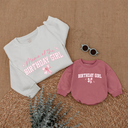 Playful Pink Bow First Birthday Family Matching Outfit Mama Dada Sister Sweatshirt Girl Celebration Sweet Pink Tone Starburst Design