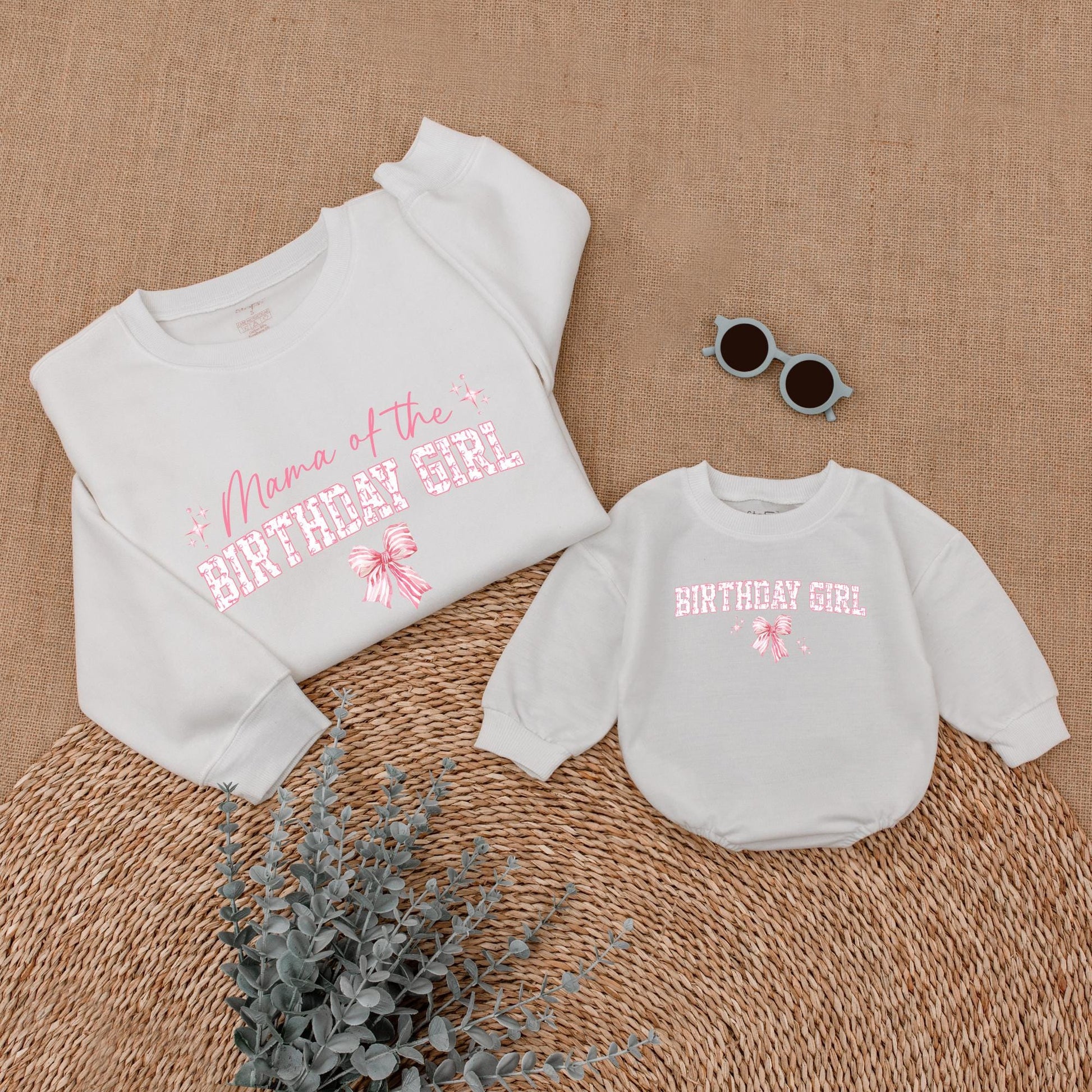 Playful Pink Bow First Birthday Family Matching Outfit Mama Dada Sister Sweatshirt Girl Celebration Sweet Pink Tone Starburst Design