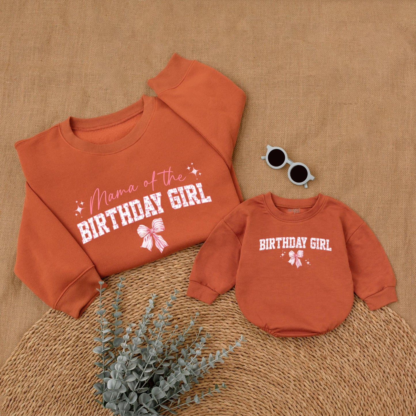 Playful Pink Bow First Birthday Family Matching Outfit Mama Dada Sister Sweatshirt Girl Celebration Sweet Pink Tone Starburst Design