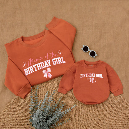 Playful Pink Bow First Birthday Family Matching Outfit Mama Dada Sister Sweatshirt Girl Celebration Sweet Pink Tone Starburst Design