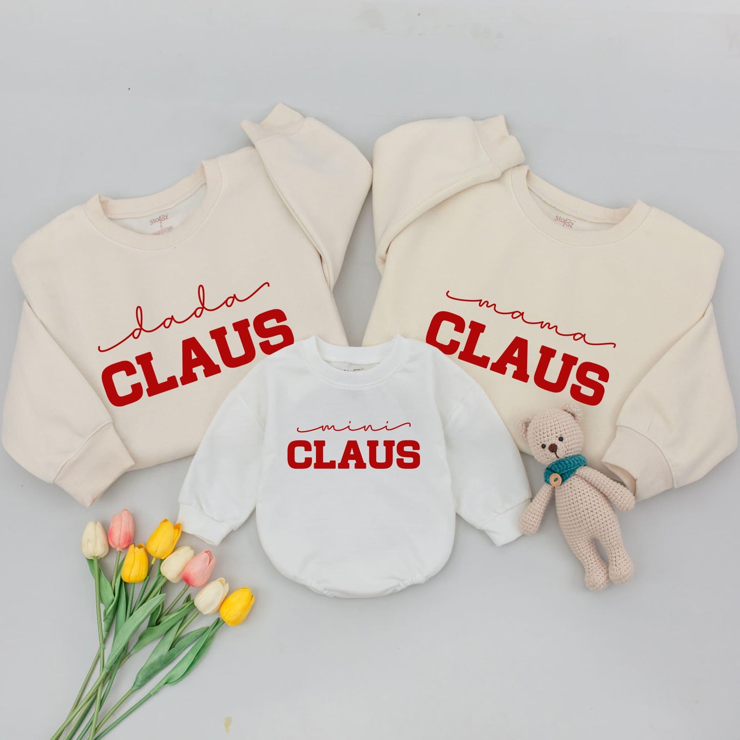 Matching Family Christmas Shirts Dada Mama Mini Claus Red Ink Modern Bold Design Festive Holiday Outfits Comfortable Santa Sweatshirts for Everyone