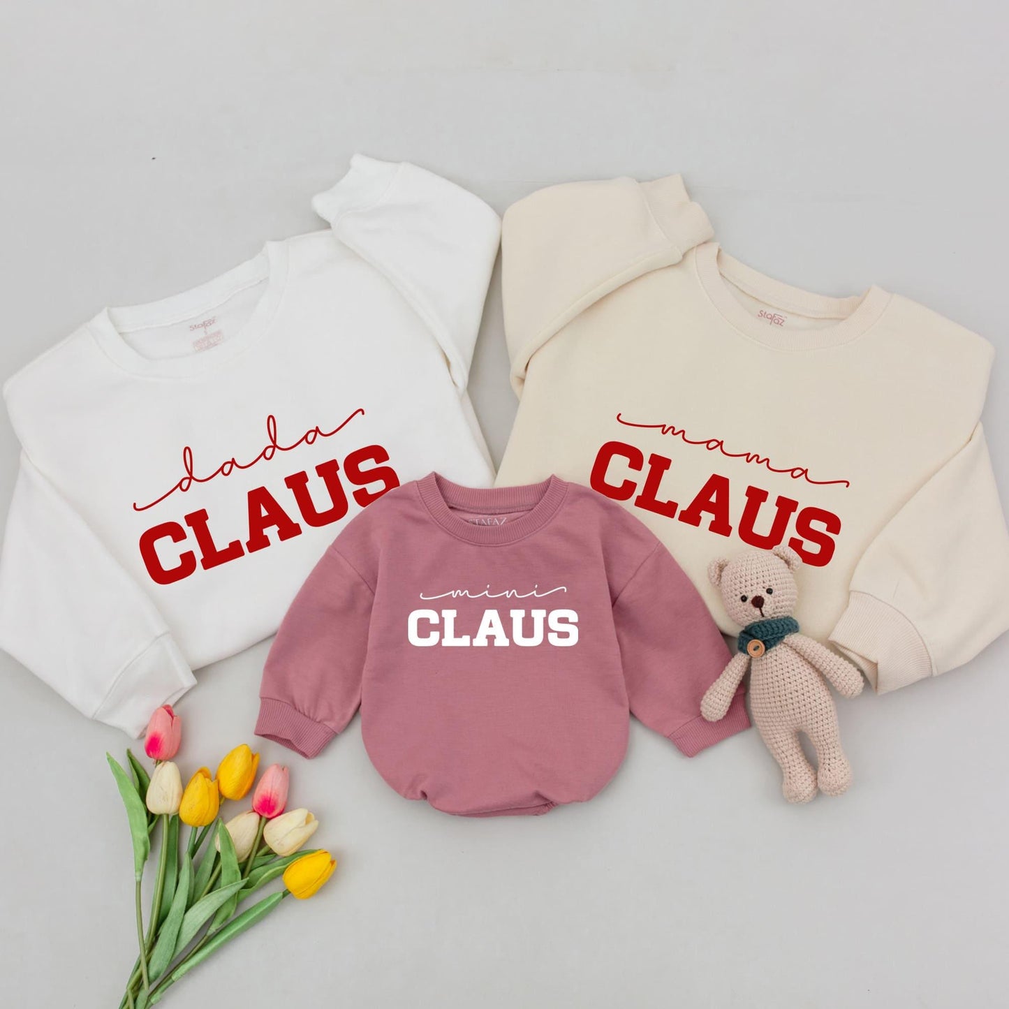 Matching Family Christmas Shirts Dada Mama Mini Claus Red Ink Modern Bold Design Festive Holiday Outfits Comfortable Santa Sweatshirts for Everyone