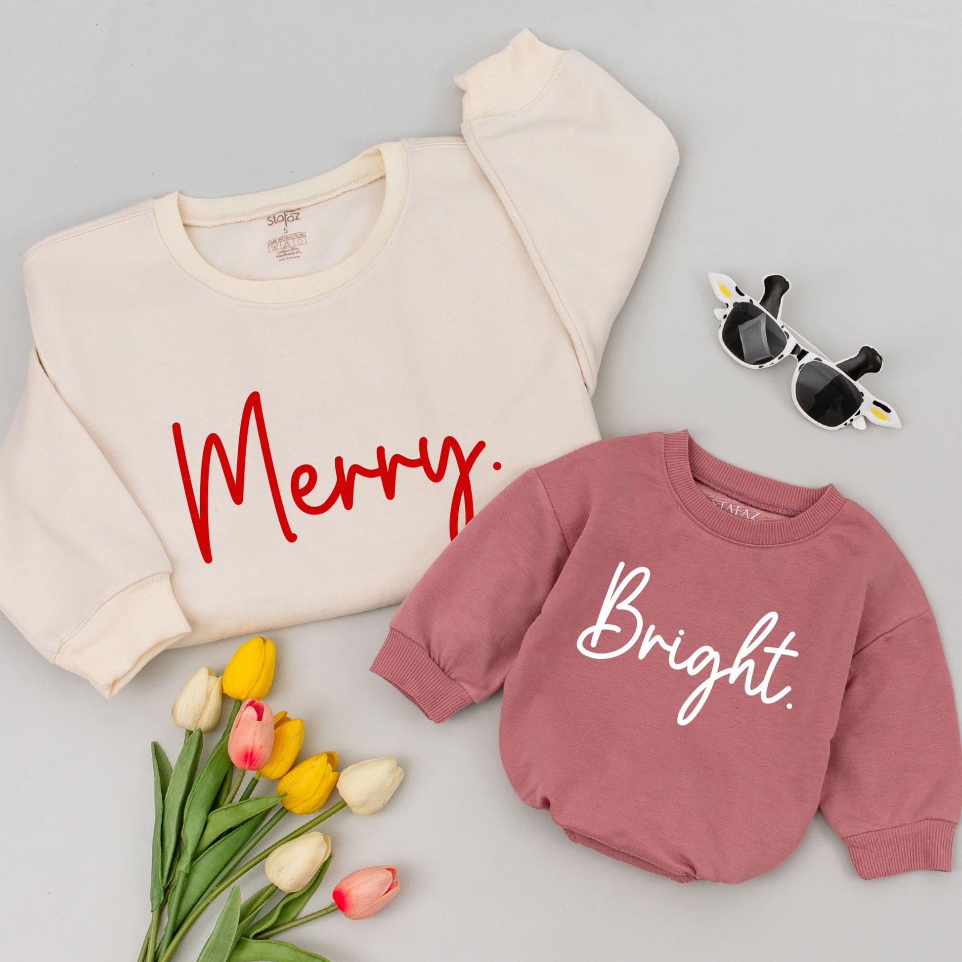 Matching Family Merry and Bright Christmas Sweatshirts Red Cursive Font Holiday Outfits Modern Design Comfortable Soft Shirts for Mom Dad and Kids