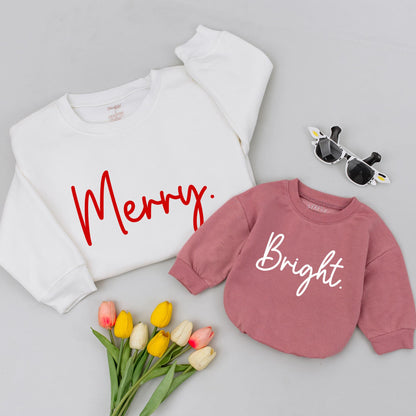 Matching Family Merry and Bright Christmas Sweatshirts Red Cursive Font Holiday Outfits Modern Design Comfortable Soft Shirts for Mom Dad and Kids