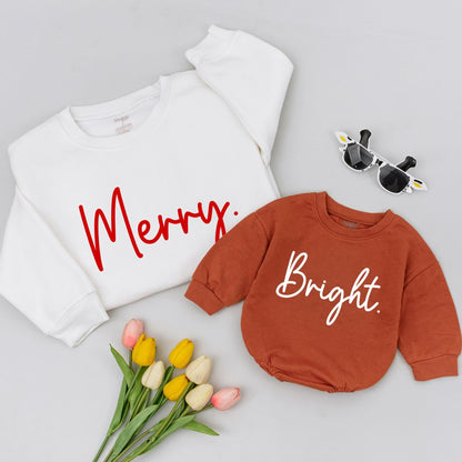 Matching Family Merry and Bright Christmas Sweatshirts Red Cursive Font Holiday Outfits Modern Design Comfortable Soft Shirts for Mom Dad and Kids
