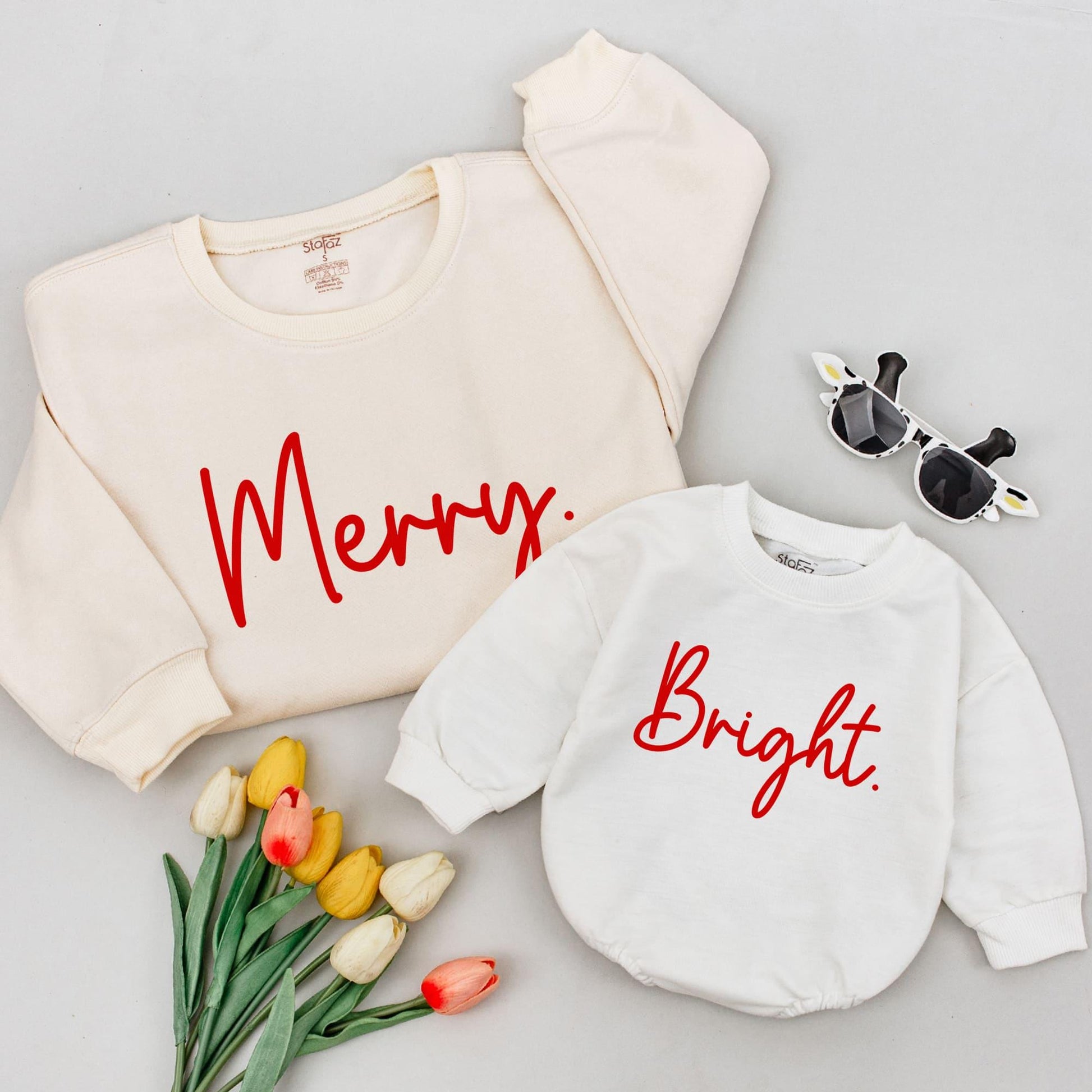 Matching Family Merry and Bright Christmas Sweatshirts Red Cursive Font Holiday Outfits Modern Design Comfortable Soft Shirts for Mom Dad and Kids