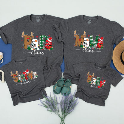 Matching Family Claus Christmas Shirts: Papa, Mama, Brother & Baby Cartoon Xmas Outfits, Santa Hats & Reindeer, Funny Holiday Gift for Kids, Custom Xmas (139 chars)