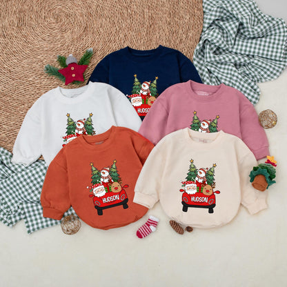 Personalized Hudson Christmas Romper: Santa's Red Car Adventure! Custom Name Bodysuit, First Christmas Outfit, Winter Baby Clothes, Reindeer & Snowman Fun (139 chars)