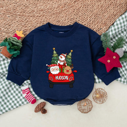 Personalized Hudson Christmas Romper: Santa's Red Car Adventure! Custom Name Bodysuit, First Christmas Outfit, Winter Baby Clothes, Reindeer & Snowman Fun (139 chars)