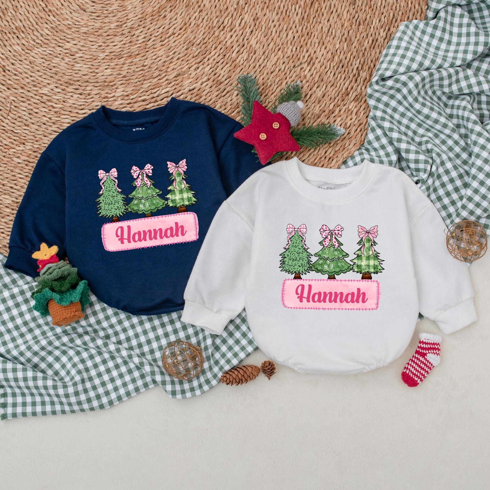 Hannah's First Christmas Romper Pink Bow Trees Outfit Vintage Girly Baby Bodysuit Personalized Christmas Leopard Snowflake Plaid Tree Outfit, 139chars
