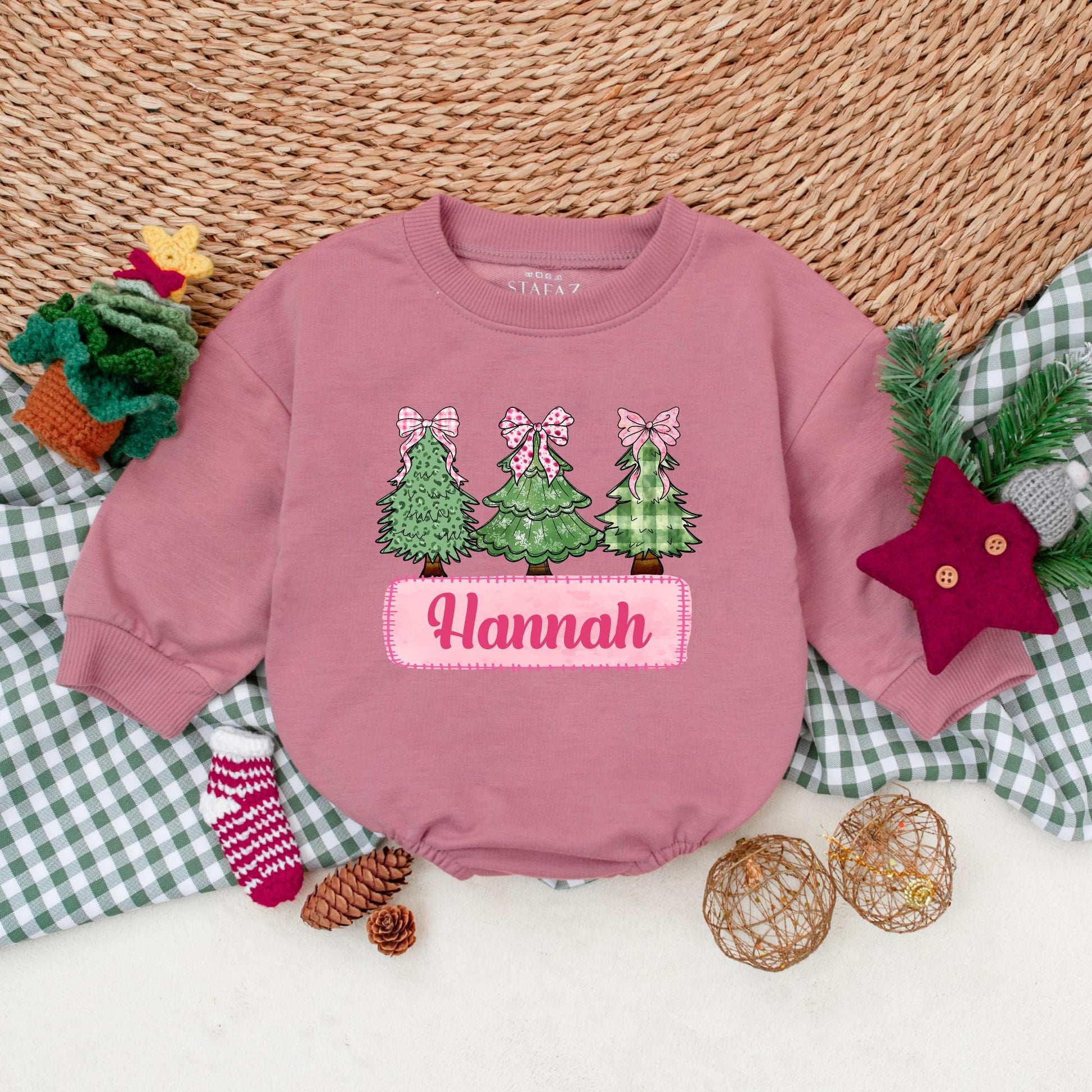Hannah's First Christmas Romper Pink Bow Trees Outfit Vintage Girly Baby Bodysuit Personalized Christmas Leopard Snowflake Plaid Tree Outfit, 139chars