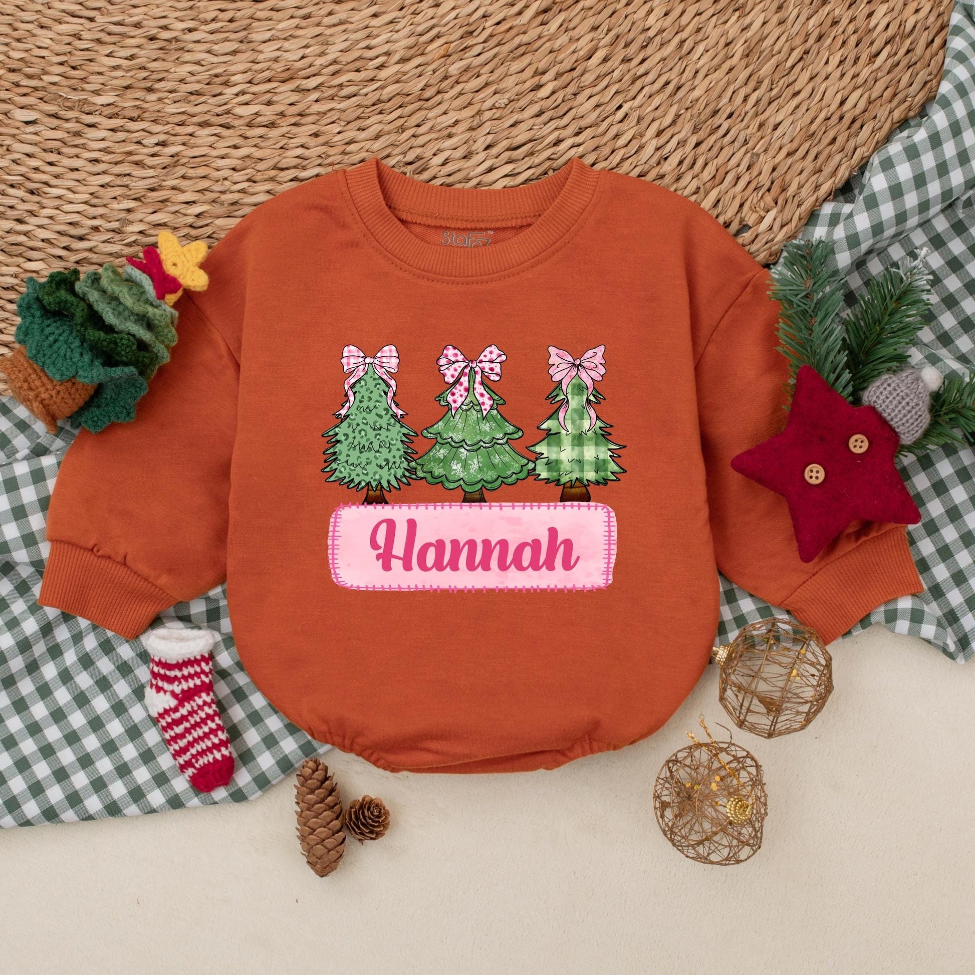 Hannah's First Christmas Romper Pink Bow Trees Outfit Vintage Girly Baby Bodysuit Personalized Christmas Leopard Snowflake Plaid Tree Outfit, 139chars