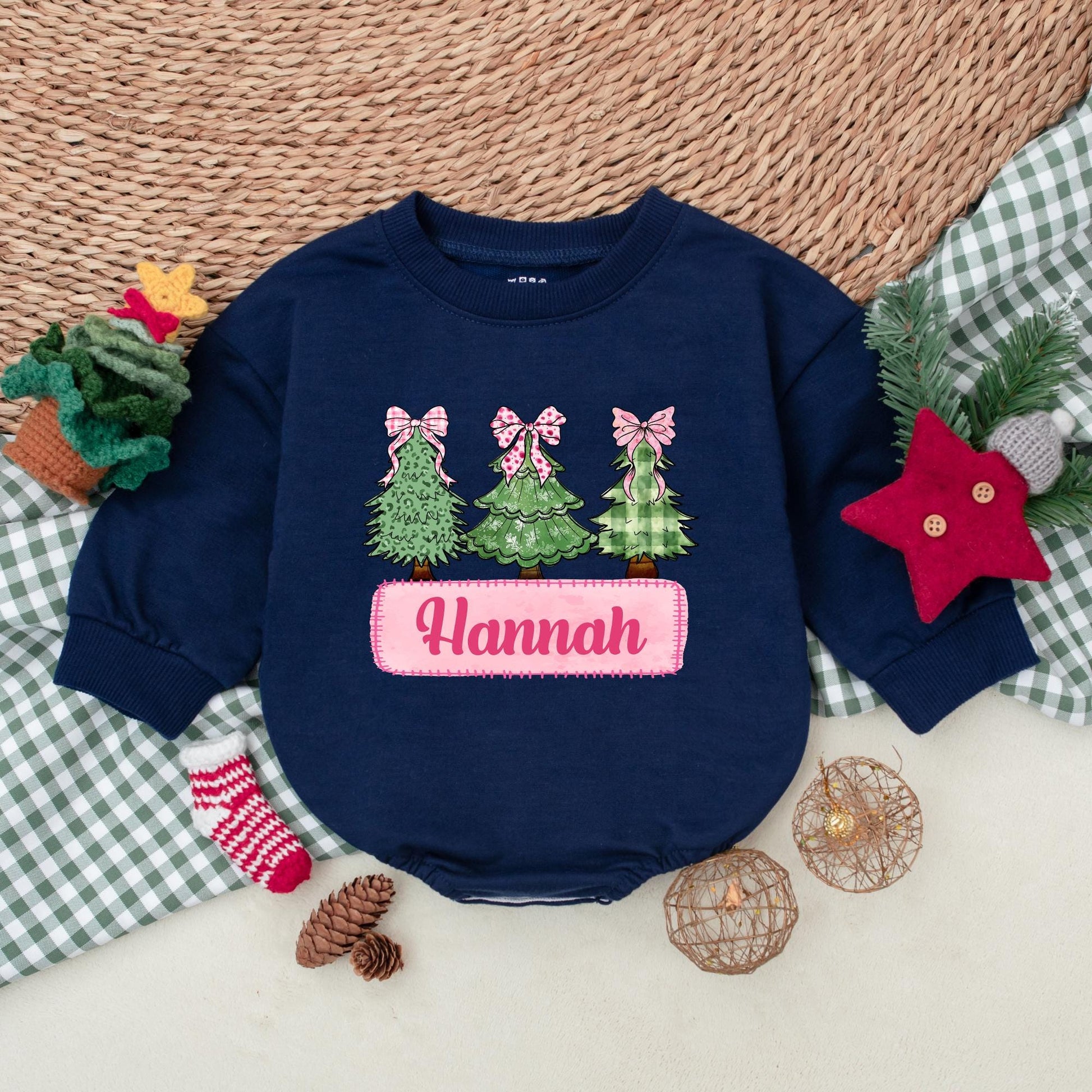 Hannah's First Christmas Romper Pink Bow Trees Outfit Vintage Girly Baby Bodysuit Personalized Christmas Leopard Snowflake Plaid Tree Outfit, 139chars