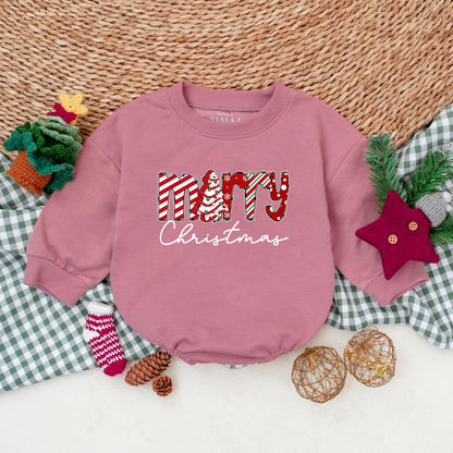 Merry Christmas Baby Romper Outfit, My First Christmas Bodysuit, Festive Newborn Gift, Red & White Holiday Pattern, Cute Xmas Sweatshirt Romper (138 chars)
