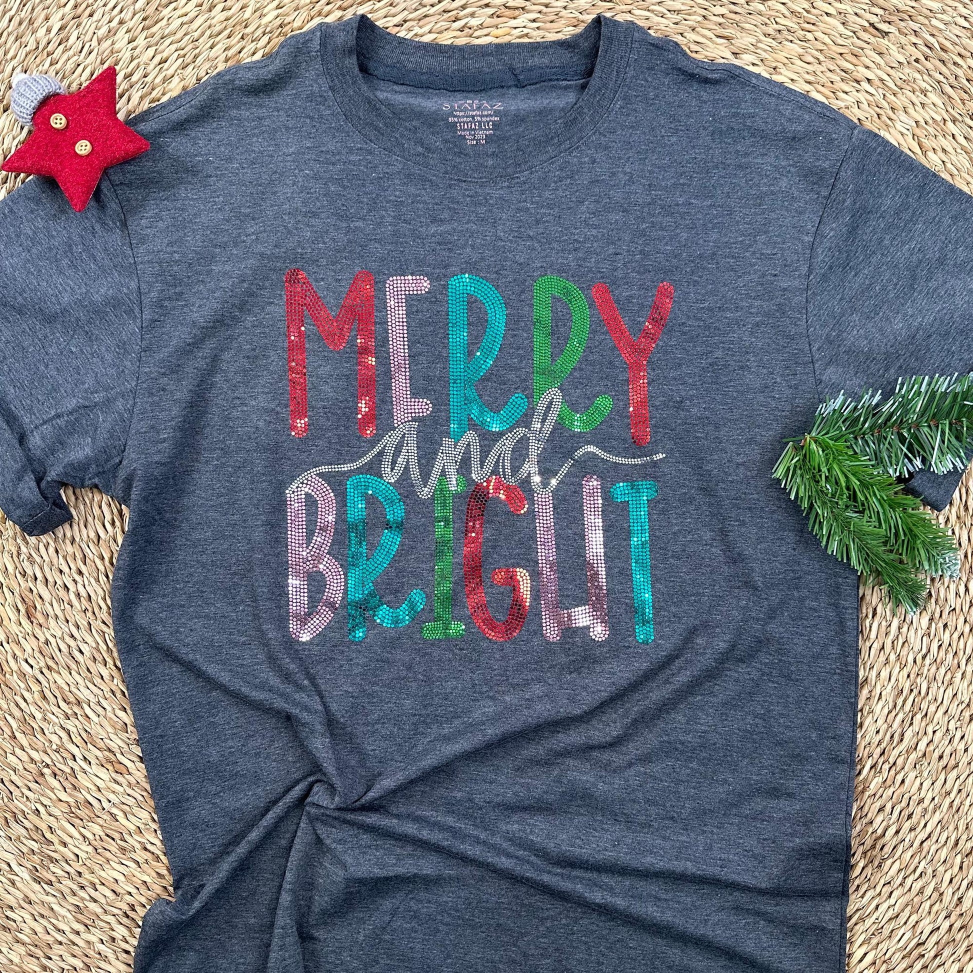 Merry & Bright Sequin Christmas Tee, Womens Holiday Sparkle Shirt, Teal Red Green, Festive Christmas T-Shirt, Cute Gift for Her (136 chars)