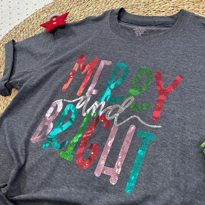 Merry & Bright Sequin Christmas Tee, Womens Holiday Sparkle Shirt, Teal Red Green, Festive Christmas T-Shirt, Cute Gift for Her (136 chars)