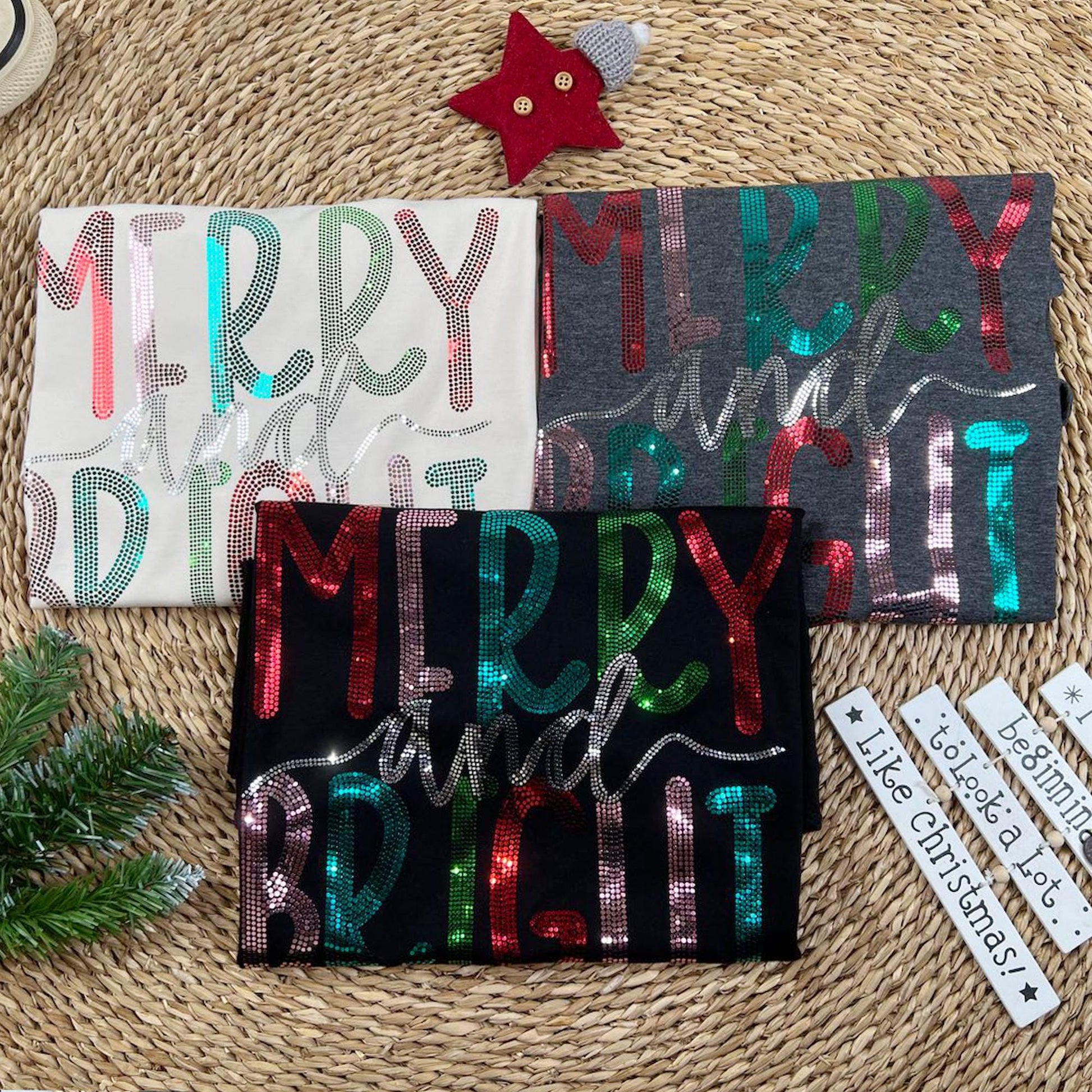 Merry & Bright Sequin Christmas Tee, Womens Holiday Sparkle Shirt, Teal Red Green, Festive Christmas T-Shirt, Cute Gift for Her (136 chars)