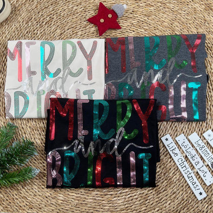 Merry & Bright Sequin Christmas Tee, Womens Holiday Sparkle Shirt, Teal Red Green, Festive Christmas T-Shirt, Cute Gift for Her (136 chars)