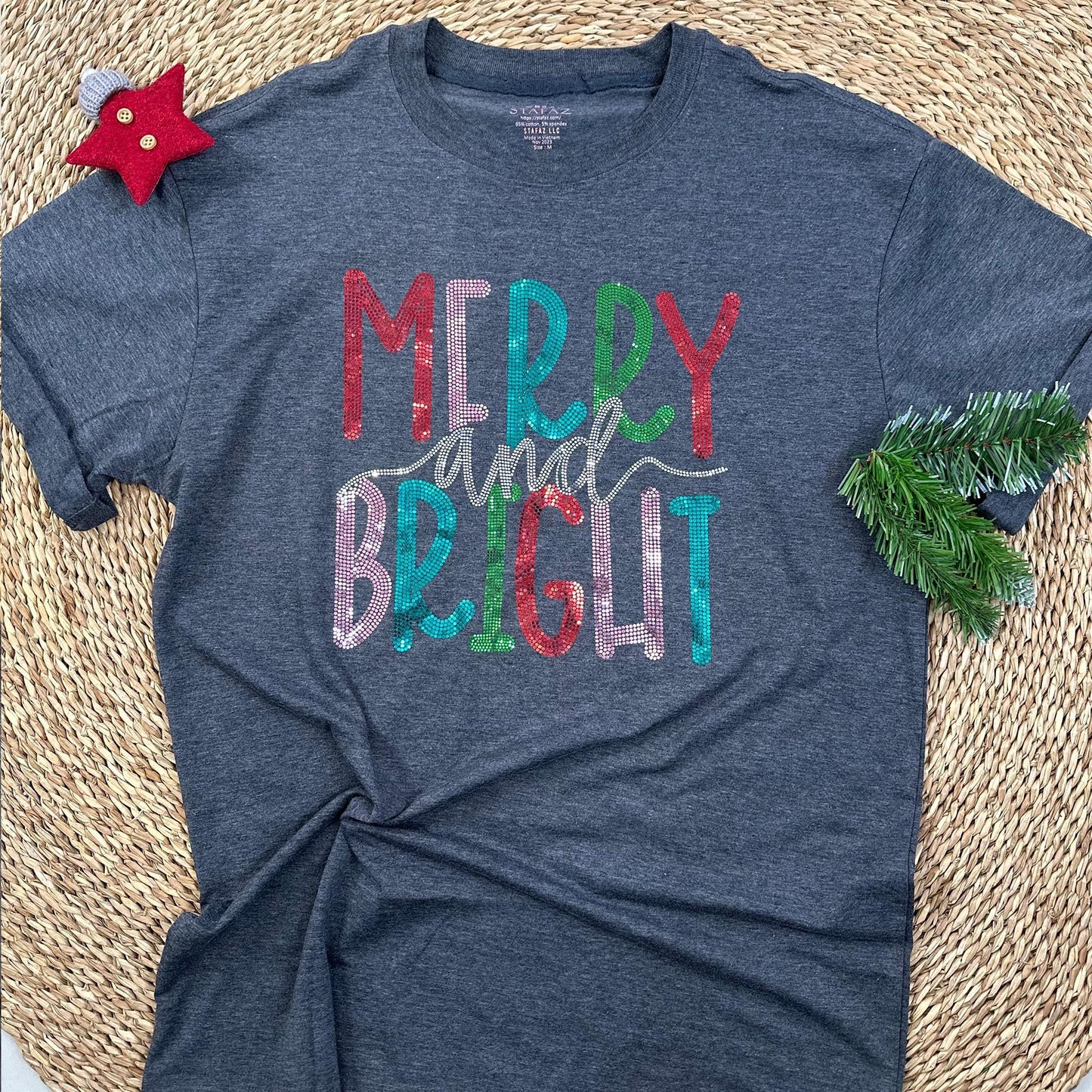 Merry & Bright Sequin Christmas Tee, Womens Holiday Sparkle Shirt, Teal Red Green, Festive Christmas T-Shirt, Cute Gift for Her (136 chars)