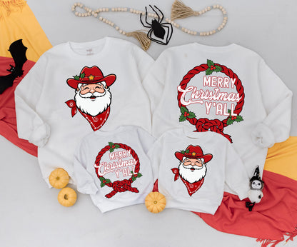 Merry Christmas Y'all Sweatshirt Cowboy Santa Holiday Crewneck, Western Christmas Shirt for Women, Fun Christmas Outfit, Santa Cowboy Tee Gift 138