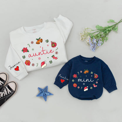 Personalized Auntie and Mini Christmas Sweatshirt Festive Holiday Gift with Poinsettias Bells Snowflakes and Santa Hats