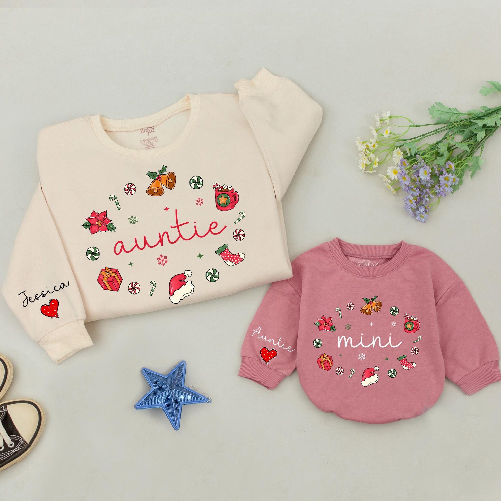 Personalized Auntie and Mini Christmas Sweatshirt Festive Holiday Gift with Poinsettias Bells Snowflakes and Santa Hats