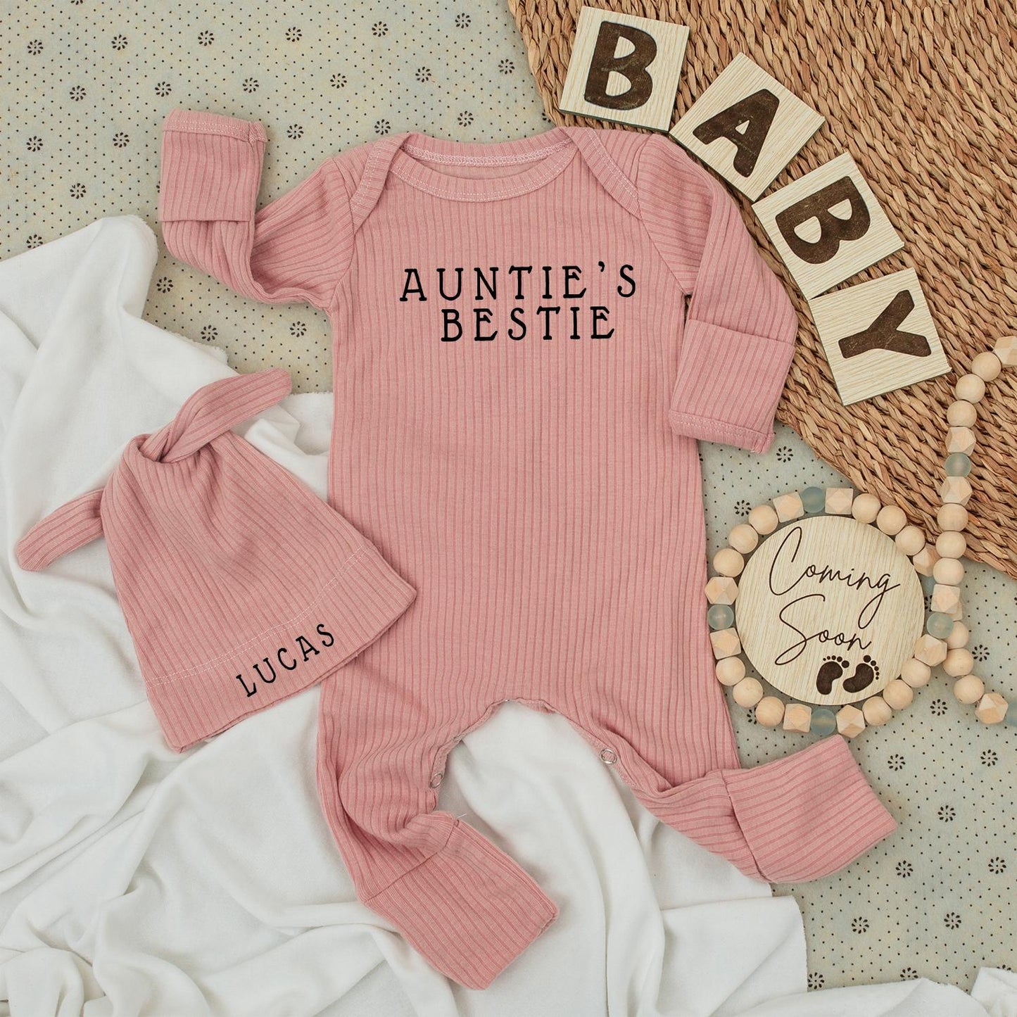 Auntie's Bestie Baby Bodysuit and Lucas Hat Set Adorable Unisex Infant Outfit Black Block Text Modern Typography Auntie Gift Idea