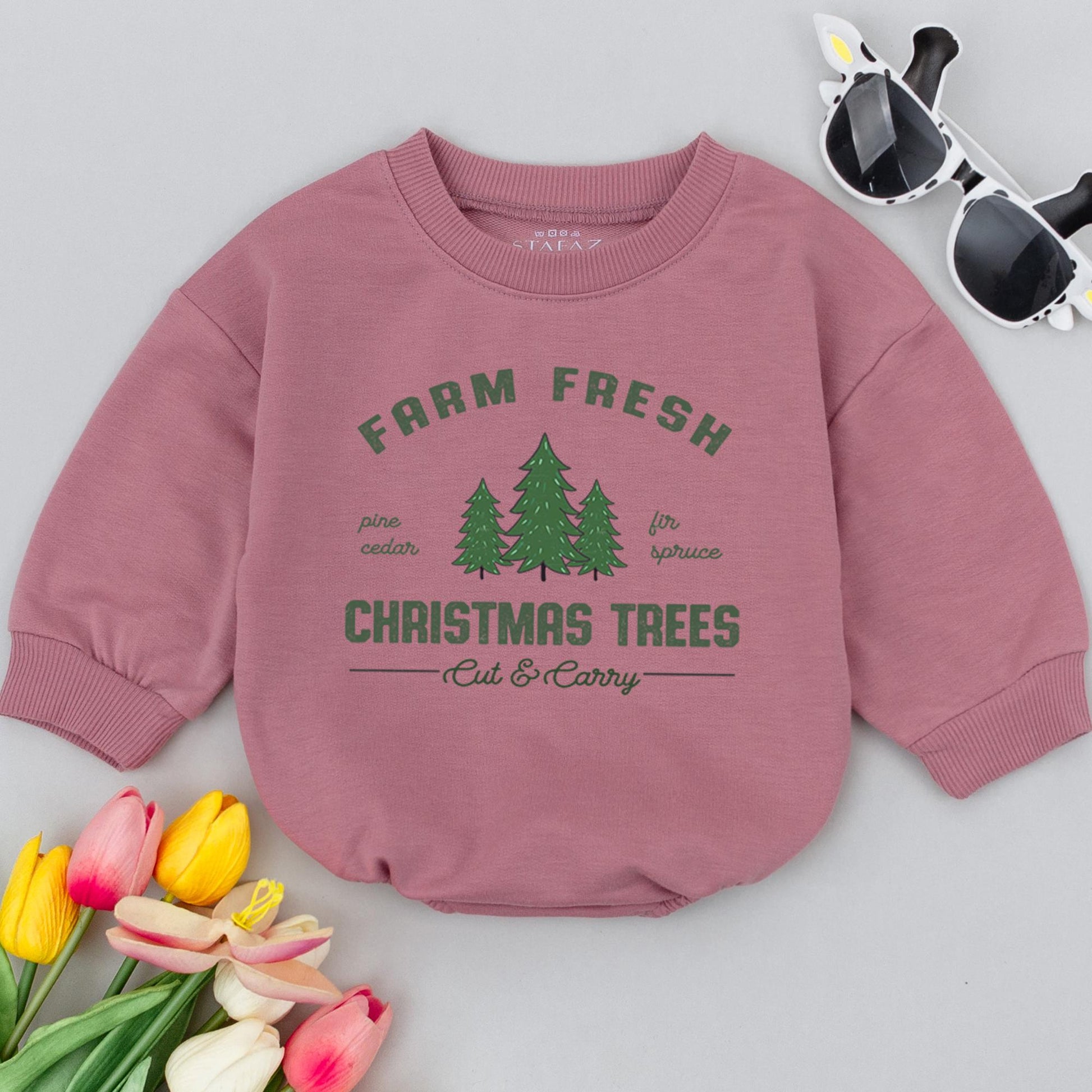 Farm Fresh Christmas Trees Baby Romper Holiday Outfit Vintage Evergreen Infant Clothes Pine Cedar Fir Spruce Cut & Carry Design First Christmas Gift Baby Shower
