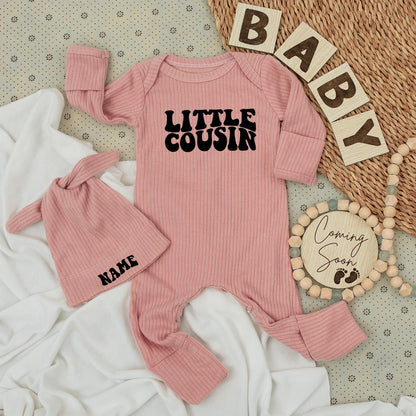 Personalized Little Cousin Baby Bodysuit Hat Set Name New Baby Unisex Gift Soft Cotton Retro Font Going Home Outfit Family Apparel
