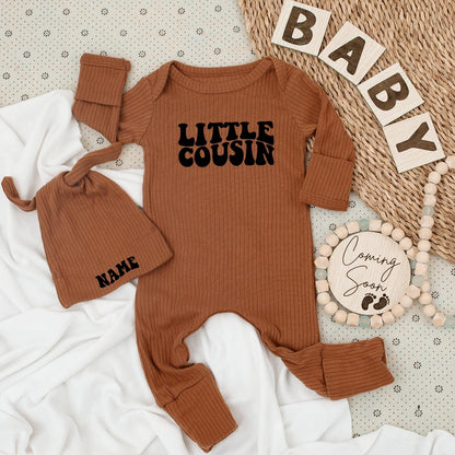 Personalized Little Cousin Baby Bodysuit Hat Set Name New Baby Unisex Gift Soft Cotton Retro Font Going Home Outfit Family Apparel
