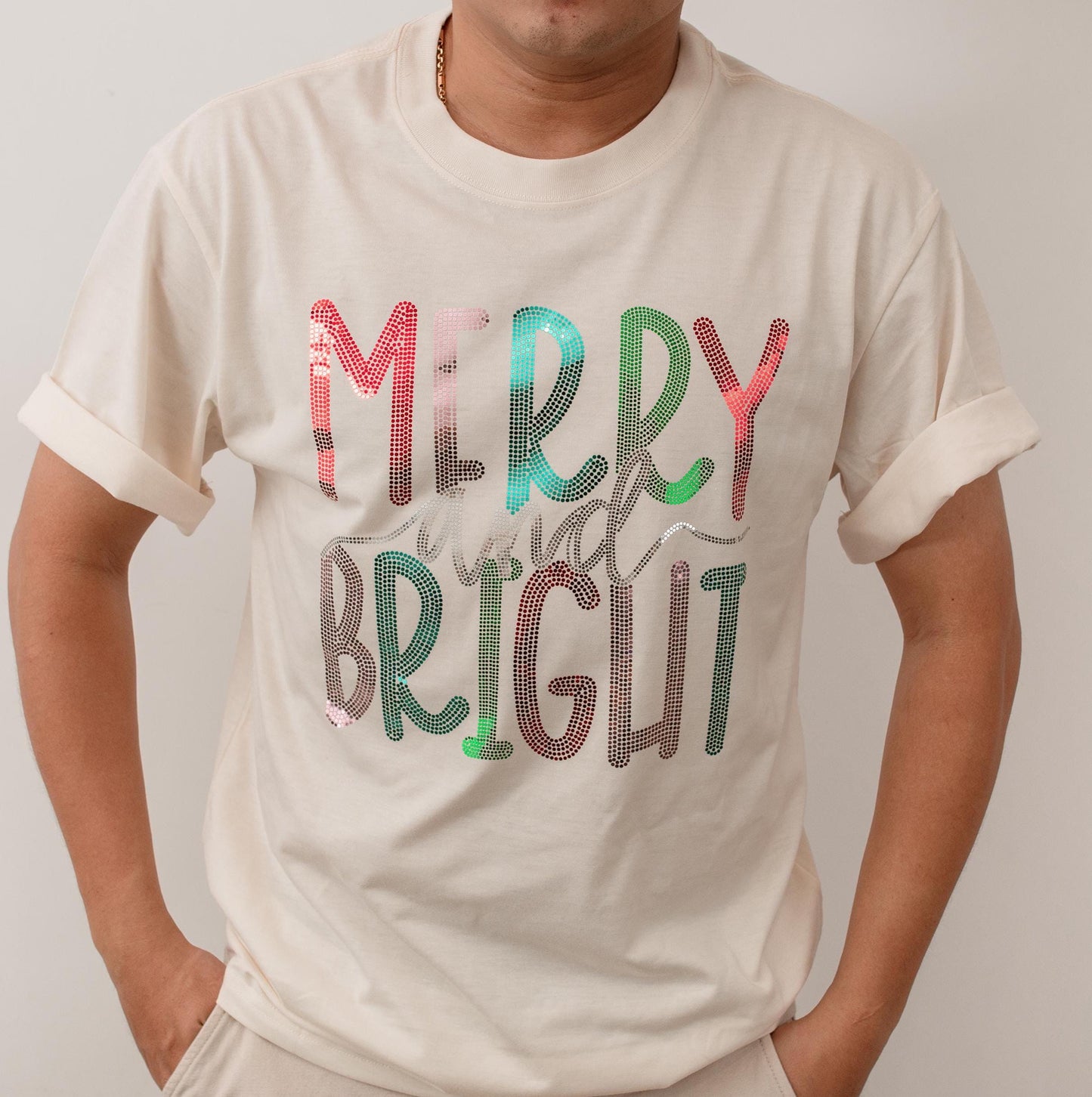 Sparkly Merry and Bright Christmas T-Shirt, Glitter Holiday Shirt for Women, Cute Sequin Top, Festive Christmas Party Gift for Her, Xmas Eve Tee 138
