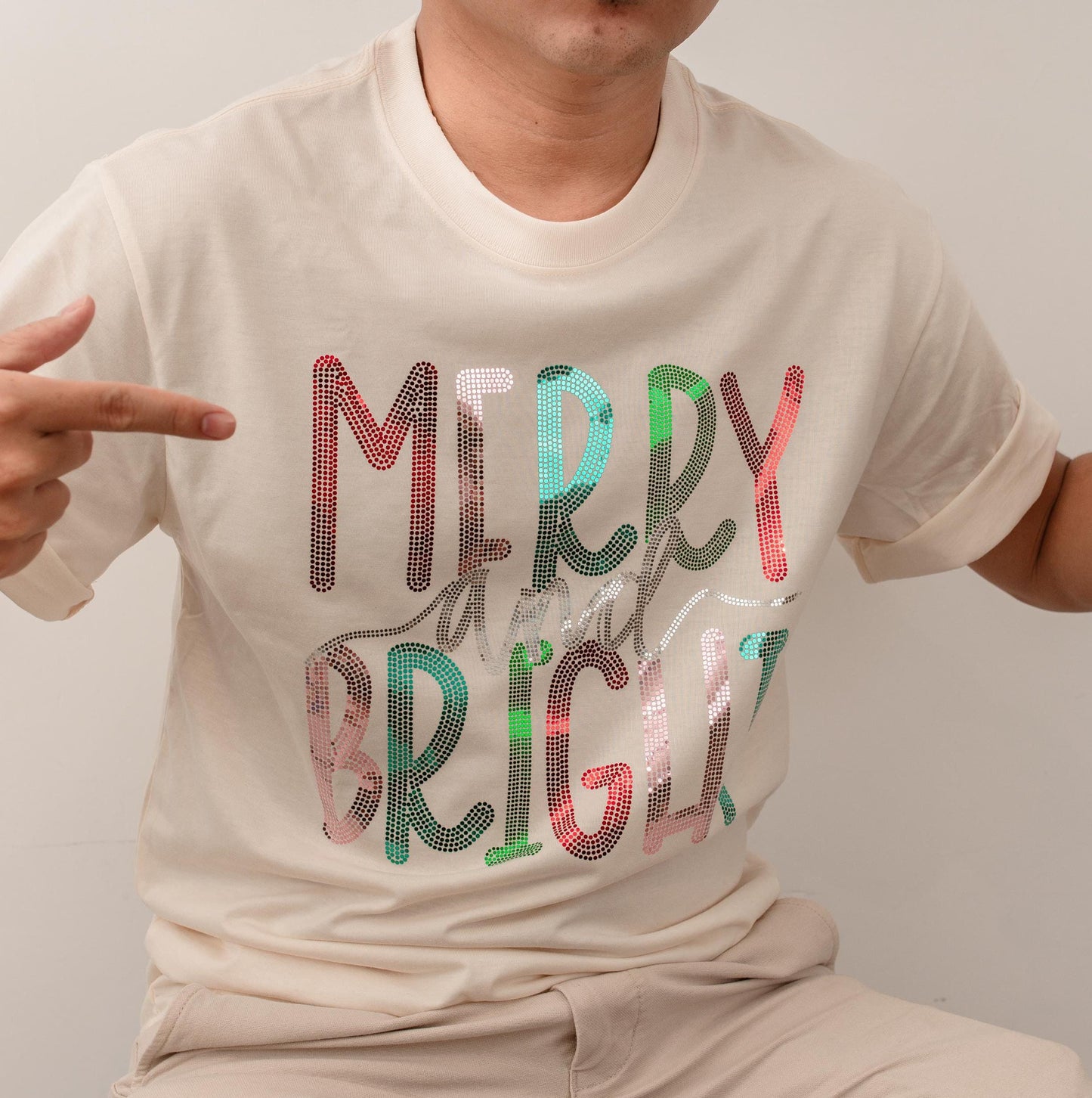 Sparkly Merry and Bright Christmas T-Shirt, Glitter Holiday Shirt for Women, Cute Sequin Top, Festive Christmas Party Gift for Her, Xmas Eve Tee 138