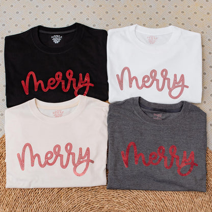 Sequin Merry Christmas Shirt for Women & Men, Red Glitter Xmas Holiday Tee, Sparkle Festive Top, Cute Gift Idea for Christmas Eve Party & Celebrations (139 chars)