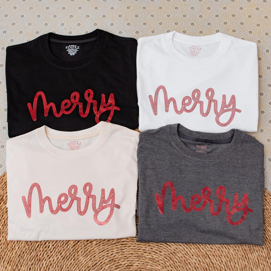 Sequin Merry Christmas Shirt for Women & Men, Red Glitter Xmas Holiday Tee, Sparkle Festive Top, Cute Gift Idea for Christmas Eve Party & Celebrations (139 chars)