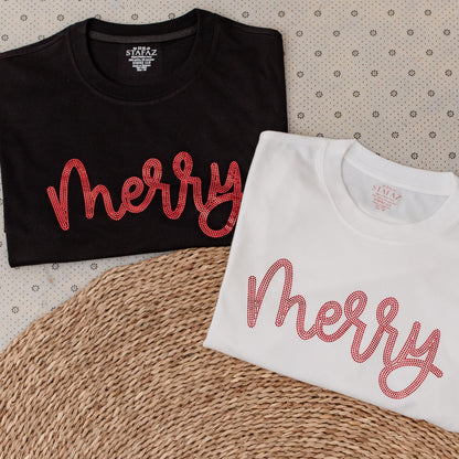 Sequin Merry Christmas Shirt for Women & Men, Red Glitter Xmas Holiday Tee, Sparkle Festive Top, Cute Gift Idea for Christmas Eve Party & Celebrations (139 chars)
