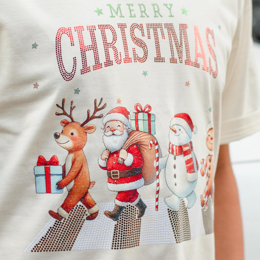 Glittery Merry Christmas Shirt with Festive Friends, Reindeer & Santa Sequin Tee, Sparkly Xmas Top for Women, Men, Holiday Gifts, Shiny Dot Crosswalk (139)