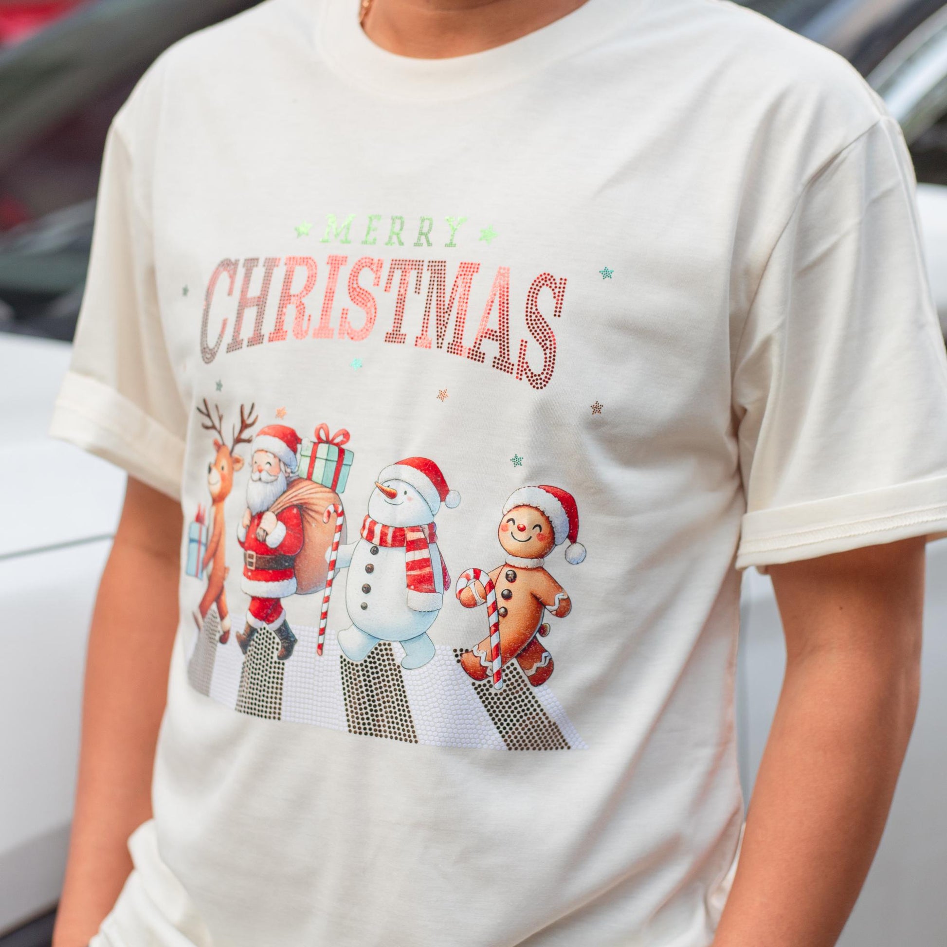 Glittery Merry Christmas Shirt with Festive Friends, Reindeer & Santa Sequin Tee, Sparkly Xmas Top for Women, Men, Holiday Gifts, Shiny Dot Crosswalk (139)