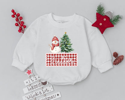Personalized Baby First Christmas Romper with Snowman & Tree Design Toddler Holiday Outfit Infant Bodysuit Gingham Pattern Festive Red Green White