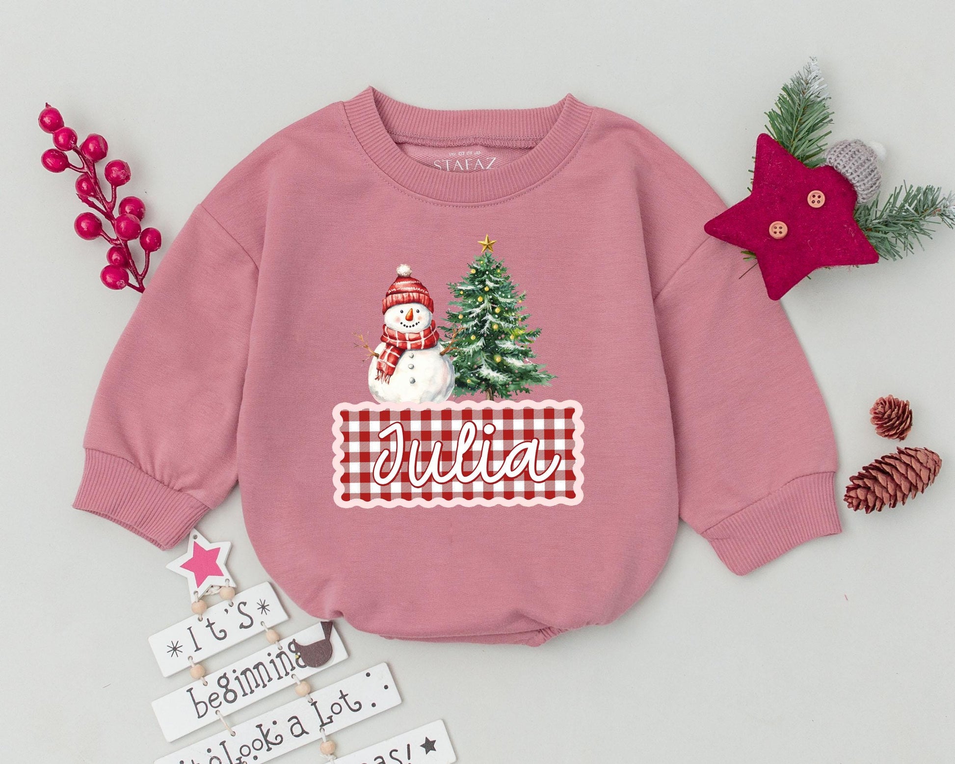 Personalized Baby First Christmas Romper with Snowman & Tree Design Toddler Holiday Outfit Infant Bodysuit Gingham Pattern Festive Red Green White